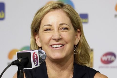 FILE - In this March 23, 2016, file photo, Chris Evert smiles while talking to reporters at the Miami Open tennis tournament in Key Biscayne, Fla. Evert has been chosen to chair the USTA Foundation's board of directors, serving as a spokeswoman and ambassador for the U.S. Tennis Association's charitable arm. The 18-time Grand Slam champion and member of the International Tennis Hall of Fame takes over as chair from James Blake. (AP Photo/Alan Diaz, File)