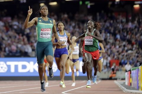 South Africa's Caster Semenya celebrates winning the gold in the final of the Women's 800m during the World Athletics Championships in London Sunday, Aug. 13, 2017. (AP Photo/David J. Phillip)