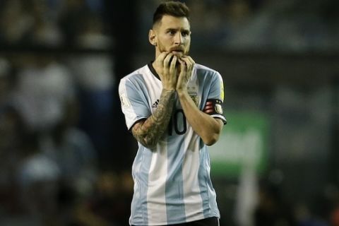 Argentina's Lionel Messi reacts during a World Cup qualifying soccer match against Peru at La Bombonera stadium in Buenos Aires, Argentina, Thursday, Oct. 5, 2017. Argentina tied the match 0-0 and is almost eliminated from the upcoming World Cup in Russia. (AP Photo/Victor R. Caivano)