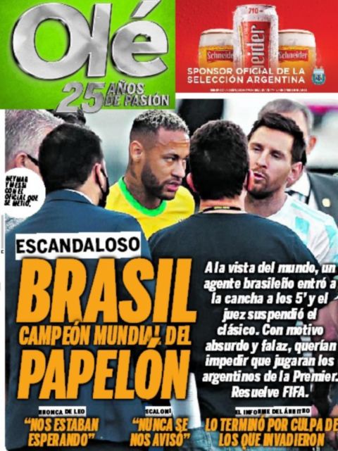 Το καυστικό πρωτοσέλιδο της εφημερίδας "Ole" για τη διακοπή στο Βραζιλία - Αργεντινή