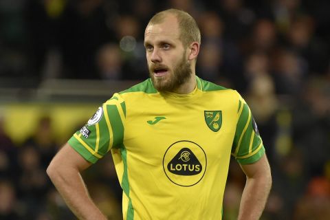 Norwich City's Teemu Pukki reacts during the English Premier League soccer match between Norwich City and Manchester City at Carrow Road Stadium in Norwich, England, Saturday, Feb. 12, 2022. (AP Photo/Rui Vieira)