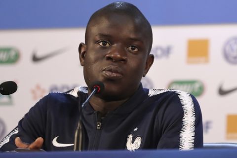 France's Ngolo Kante answers to journalists during a press conference at the 2018 soccer World Cup in Istra, Russia, Sunday, June 17, 2018. (AP Photo/David Vincent)