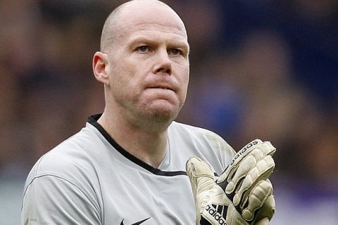 Aston Villa's goalkeeper Brad Friedel reacts during their fifth round English FA Cup soccer match against Everton at Goodison Park Stadium, Liverpool, England, Sunday, Feb. 15, 2009. (AP Photo/Paul Thomas) ** NO INTERNET/MOBILE USAGE WITHOUT FOOTBALL ASSOCIATION PREMIER LEAGUE (FAPL) LICENCE. CALL +44 (0) 20 7864 9121 or EMAIL info@football-dataco.com FOR DETAILS **