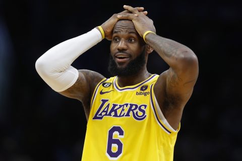 Los Angeles Lakers' LeBron James plays against the Boston Celtics during the second half of an NBA basketball game, Saturday, Jan. 28, 2023, in Boston. (AP Photo/Michael Dwyer)