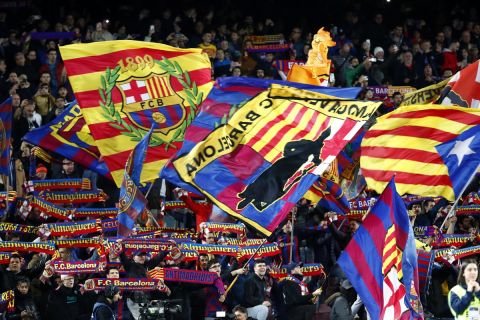 Barcelona fans cheer during a Spanish La Liga soccer match between Barcelona and Sevilla at the Camp Nou stadium in Barcelona, Spain, Sunday, Feb. 5, 2023. (AP Photo/Joan Monfort)