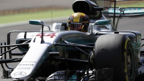 Mercedes driver Lewis Hamilton of Britain steers his car during the second free practice for Sunday's Italian Formula One Grand Prix, at the Monza racetrack, Italy, Friday, Sept.1, 2017. (AP Photo/Luca Bruno)