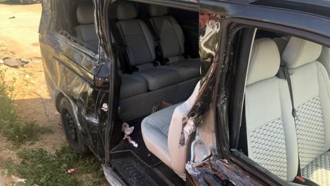 A view of the damaged vehicle involved in an accident near Alanya in Antalya province, Turkey, Monday, April 29, 2019. Czech Republic international Josef Sural was killed and six other Alanyaspor players were injured Monday when their van was involved in an accident on the way home from a Turkish league soccer match. (IHA agency via AP)