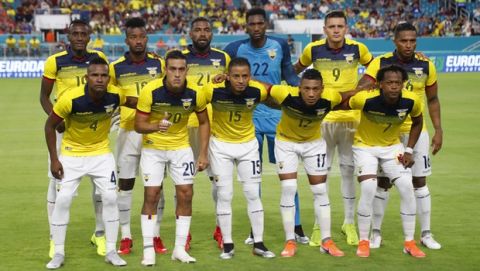 Ecuador's national team poses for a photo before the start of a friendly soccer match against Venezuela, Saturday, June 1, 2019, in Miami Gardens, Fla. Final score was 1-1. (AP Photo/Wilfredo Lee)