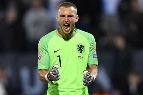 Netherlands goalkeeper Jasper Cillessen reacts during the UEFA Nations League semifinal soccer match between Netherlands and England at the D. Afonso Henriques stadium in Guimaraes, Portugal, Thursday, June 6, 2019. (AP Photo/Martin Meissner)