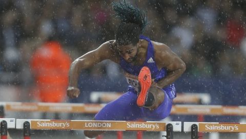 US Jason Richardson runs the 110m hurdles during the Diamond League athletics meeting at the Olympic Stadium in London, Friday, July 24, 2015. Many world champion athletes are gathering at Londons Olympic Stadium this weekend for the two-day IAAF Diamond League athletics meeting. (AP Photo/Frank Augstein)