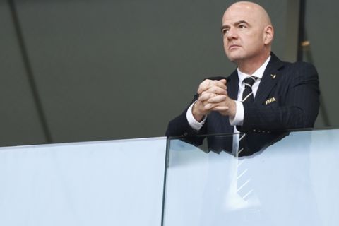 FIFA President Gianni Infantino attends the group G match between Belgium and Tunisia at the 2018 soccer World Cup in the Spartak Stadium in Moscow, Russia, Saturday, June 23, 2018. (AP Photo/Matthias Schrader)