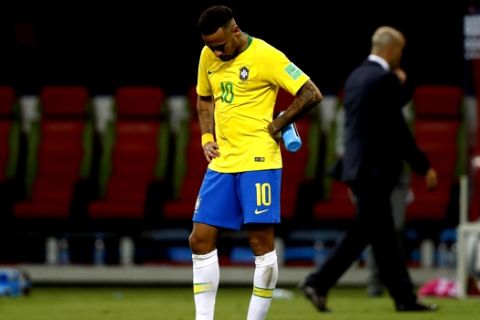 Brazil's Neymar reacts after his team was eliminated during the quarterfinal match between Brazil and Belgium at the 2018 soccer World Cup in the Kazan Arena, in Kazan, Russia, Friday, July 6, 2018. (AP Photo/Francisco Seco)