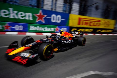 Red Bull driver Sergio Perez of Mexico steers his car during the first free practice at the Monaco racetrack, in Monaco, Friday, May 27, 2022. The Formula one race will be held on Sunday. (AP Photo/Daniel Cole)