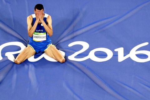 Cyprus' Dimitrios Chondrokoukis reacts after his last attempt at the high jump qualifying round during the athletics competitions of the 2016 Summer Olympics at the Olympic stadium in Rio de Janeiro, Brazil, Sunday, Aug. 14, 2016. (AP Photo/Morry Gash)