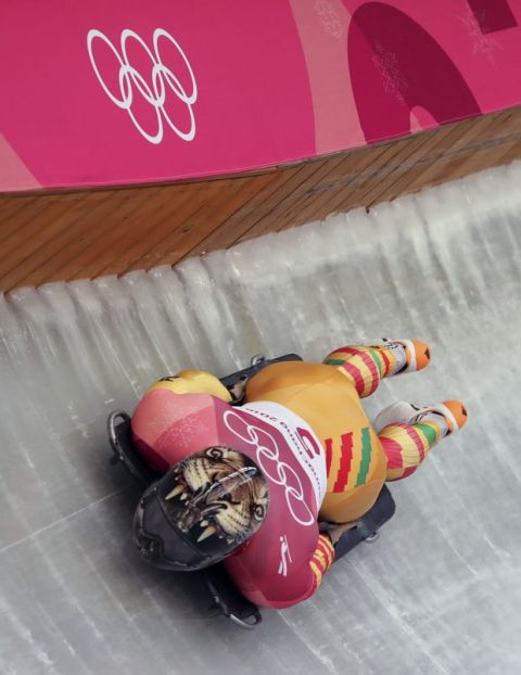 Akwasi Frimpong of Ghana takes a curve during the men's skeleton competition at the 2018 Winter Olympics in Pyeongchang, South Korea, Thursday, Feb. 15, 2018. (AP Photo/Michael Sohn)