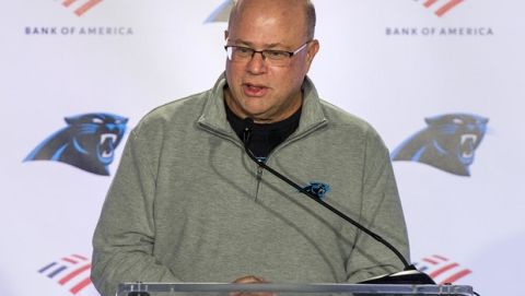 Carolina Panthers NFL football team owner David Tepper talks to the media about new head coach Matt Rhule during a news conference at the teams practice facility, Wednesday, Jan. 8, 2020 in Charlotte, N.C. (AP Photo/Mike McCarn)