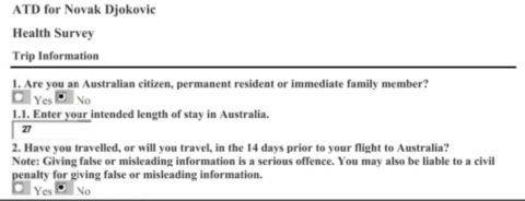 Το έγγραφο που δείχνει ότι ο Τζόκοβιτς ανέφερε ότι δεν είχε ταξιδέψει για 14 ημέρες πριν εισέλθει στην Αυστραλία