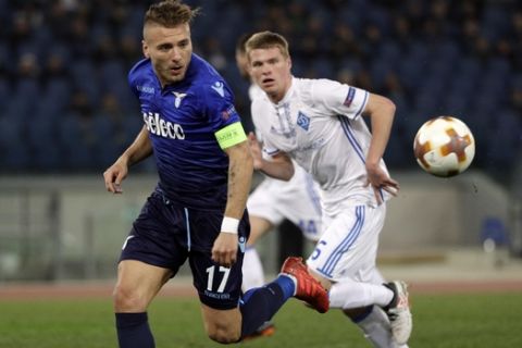 Lazio's Ciro Immobile eyes the ball during the Europa League round of 16, first-leg soccer match between Lazio and Dynamo Kiev at the Olympic stadium, in Rome Thursday, March 8, 2018. (AP Photo/Gregorio Borgia)
