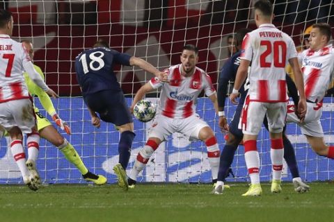 Tottenham's Giovani Lo Celso scores his side's first goal during the Champions League group B soccer match between Red Star and Tottenham, at the Rajko Mitic Stadium in Belgrade, Serbia, Wednesday, Nov. 6, 2019. (AP Photo/Darko Vojinovic)