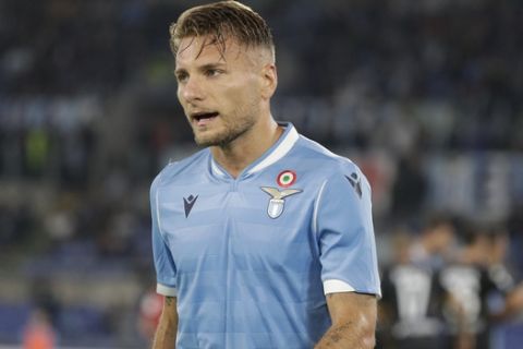 Lazio's Ciro Immobile waits for a corner kick during a Serie A soccer match between Lazio and Parma, at Rome's Olympic Stadium, Sunday, Sept. 22, 2019. (AP Photo/Andrew Medichini)