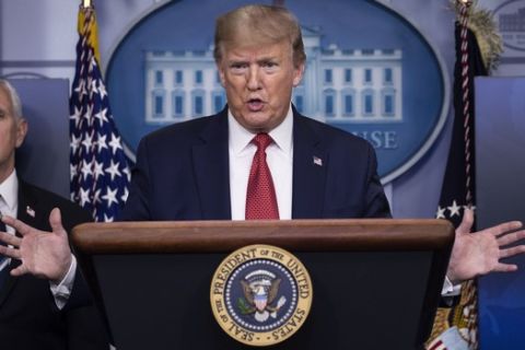 President Donald Trump speaks about the coronavirus, accompanied by Vice President Mike Pence, in the James Brady Press Briefing Room of the White House, Thursday, April 16, 2020, in Washington. (AP Photo/Alex Brandon)