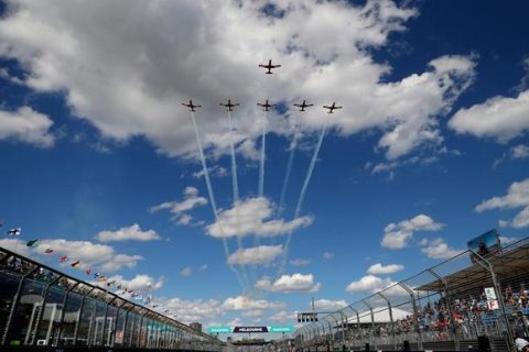 MELBOURNE, AUSTRALIA - MARCH 20: An aeronautical display over the circuit during the Australian Formula One Grand Prix at Albert Park on March 20, 2016 in Melbourne, Australia.  (Photo by Clive Mason/Getty Images)