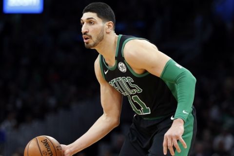 Boston Celtics' Enes Kanter plays against the Oklahoma City Thunder during the first half of an NBA basketball game, Sunday, March, 8, 2020, in Boston. (AP Photo/Michael Dwyer)