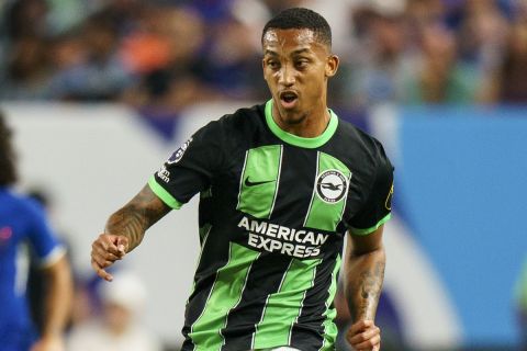 Brighton's Joao Pedro in action during the English Premier League Summer Series soccer match between Chelsea and Brighton and Hove Albion, Saturday, July 22, 2023 in Philadelphia. Chelsea won 4-3. (AP Photo/Chris Szagola)