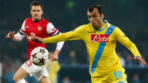 Napoli's Macedonian forward Goran Pandev controls the ball during the UEFA Champions League group F football match between SSC Napoli and Arsenal FC at the San Paolo Stadium in Naples on December 11, 2013. AFP PHOTO/CARLO HERMANN        (Photo credit should read CARLO HERMANN/AFP/Getty Images)
