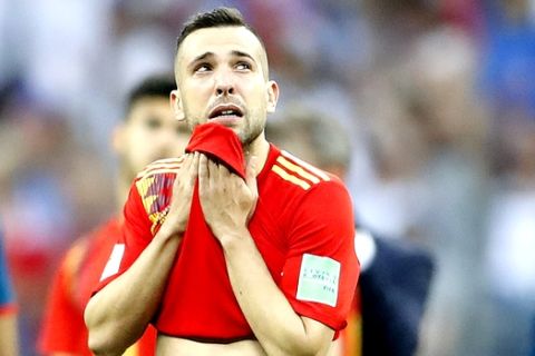 Spain's Jordi Alba reacts after losing by penalty shootout the round of 16 match between Spain and Russia at the 2018 soccer World Cup at the Luzhniki Stadium in Moscow, Russia, Sunday, July 1, 2018. (AP Photo/Antonio Calanni)
