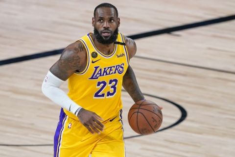 Los Angeles Lakers' LeBron James plays in the second half of an NBA basketball first round playoff game against the Portland Trail Blazers Saturday, Aug. 29, 2020, in Lake Buena Vista, Fla. The Lakers won 131-122 to win the series 4-1. (AP Photo/Ashley Landis)