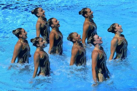 Team Greece performs during the women's team technical final technical routine competition of FINA Swimming World Championships 2017 in the City Park, in Budapest, Hungary, Tuesday, July 18, 2017. (Tamas Kovacs/MTI via AP)