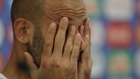 Javier Mascherano gestures during a press conference after a training session of Argentina at the 2018 soccer World Cup in Bronnitsy, Russia, Sunday, June 24, 2018. (AP Photo/Ricardo Mazalan)