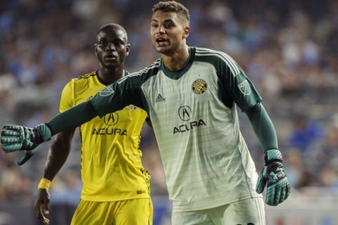 Columbus Crew's goalkeeper Zack Steffen (23) reacts during the second half of an MLS soccer match against New York City FC, Saturday, July 14, 2018, in New York. (AP Photo/Andres Kudacki)