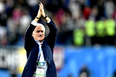 France head coach Didier Deschamps celebrates after his team advanced to the final after the semifinal match between France and Belgium at the 2018 soccer World Cup in the St. Petersburg Stadium in St. Petersburg, Russia, Tuesday, July 10, 2018. (AP Photo/Martin Meissner)
