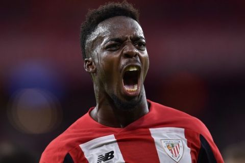 Athletic Bilbao's Inaki Williams celebrates his goal after scoring during the Spanish La Liga soccer match between Athletic Bilbao and Valladolid at San Mames stadium in Bilbao, northern Spain, Sunday, Oct. 20, 2019. (AP Photo/Alvaro Barrientos)