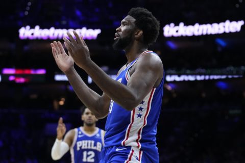 Philadelphia 76ers' Joel Embiid reacts during an NBA basketball game, Wednesday, Jan. 25, 2023, in Philadelphia. (AP Photo/Matt Slocum)