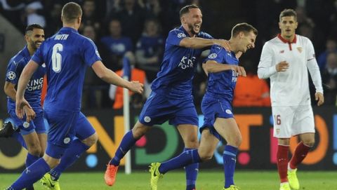 Leicester's Marc Albrighton, right, celebrates after he scores a goal during the Champions League round of 16 second leg soccer match between Leicester City and Sevilla at the King Power Stadium in Leicester, England, Tuesday, March 14, 2017. (AP Photo/Rui Vieira)