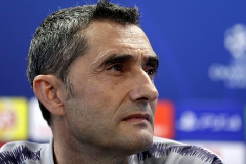 FC Barcelona's coach Ernesto Valverde attends a press conference at the Sports Center FC Barcelona Joan Gamper in Sant Joan Despi, Spain, Tuesday, April 30, 2019. FC Barcelona will play against Liverpool in a first leg semifinal Champions League soccer match on Wednesday, May 1. (AP Photo/Manu Fernandez)