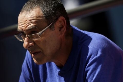 Chelsea's manager Maurizio Sarri looks on during the Community Shield soccer match between Chelsea and Manchester City at Wembley, London, Sunday, Aug. 5, 2018. (AP Photo/Tim Ireland)