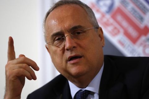 Lazio president Claudio Lotito speaks at Foreign Press Association during a press conference on the Italian Supercup match between Lazio and Juventus, to be played in Riad, Saudi Arabia, on Dec. 22, amid criticism from human rights groups in Rome, Wednesday, Dec. 18, 2019. (AP Photo/Domenico Stinellis)