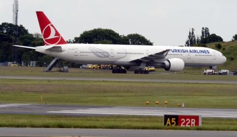 A Turkish Airlines plane is seen in Copenhagen Airport, Denmark, Thursday, June 25, 2015 . Danish police says a New York-bound Turkish Airlines plane made an emergency landing at Copenhagen's international airport after an old camera bag, possibly forgotten by a passenger, caused a bomb scare. (Kenneth Meyer/Polfoto via AP) DENMARK OUT