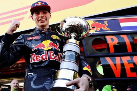 MONTMELO, SPAIN - MAY 15:  Max Verstappen of Netherlands and Red Bull Racing celebrates his win with his trophy during the Spanish Formula One Grand Prix at Circuit de Catalunya on May 15, 2016 in Montmelo, Spain.  (Photo by Mark Thompson/Getty Images)