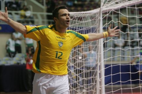 Brazil's Falcao celebrates after scoring during a FIFA Futsal World Cup 2008 match against Ukraine in Rio de Janeiro, Tuesday, Oct. 14, 2008. (AP Photo/ Ricardo Moraes)