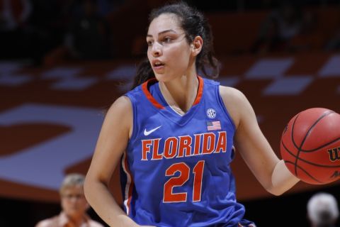 KNOXVILLE, TN - JANUARY 7:   Eleanna Christina #21 of the Florida Gators drives up court against the Tennessee Lady Volunteers in a game at Thompson-Boling Arena on January 7, 2016 in Knoxville, Tennessee.  (Photo by Patrick Murphy-Racey/Getty Images) *** Local Caption *** Eleanna Christina