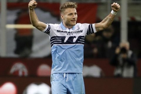 Lazio's Ciro Immobile reacts after the Italian Cup, second leg semifinal soccer match between AC Milan and Lazio, at the San Siro stadium, in Milan, Italy, Wednesday, April 24, 2019. Lazio won 1-0. (AP Photo/Luca Bruno)