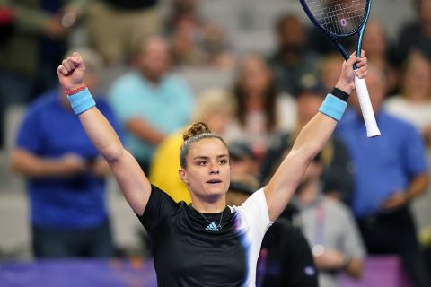 Maria Sakkari, of Greece, reacts to defeating Ons Jabeur, of Tunisia, during round-robin play on Day 5 of the WTA Finals tennis tournament in Fort Worth, Texas, Friday, Nov. 4, 2022. (AP Photo/LM Otero)