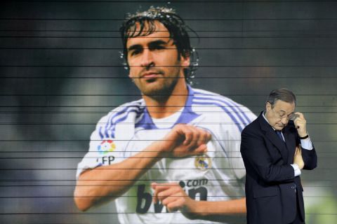 Real Madrid's President Florentino Perez is seen during the farewell ceremony in honour of Raul Gonzalez at the Santiago Bernabeu stadium in Madrid, Monday, July 26, 2010. (AP Photo/Daniel Ochoa de Olza)