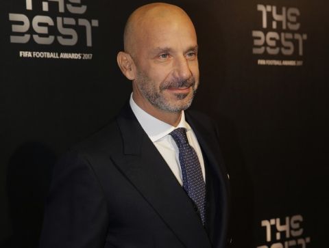 Italian soccer coach Gianluca Vialli arrives to attend The Best FIFA 2017 Awards at the Palladium Theatre in London, Monday, Oct. 23, 2017. (AP Photo/Alastair Grant)