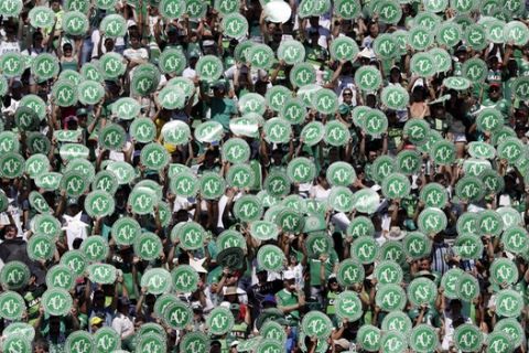 Chapecoense fans cheer during a Sudamericana trophy award ceremony prior to a friendly match against Palmeiras, in Chapeco, Brazil, Saturday, Jan. 21, 2017. Almost two months after the air tragedy that killed 71 people, including 19 team players, Chapecoense plays at its Arena Conda stadium against the 2016 Brazilian champion Palmeiras. (AP Photo/Andre Penner)
